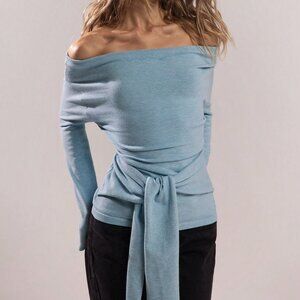 Baby Blue Casual Elegant Women's Off Shoulder Sweater